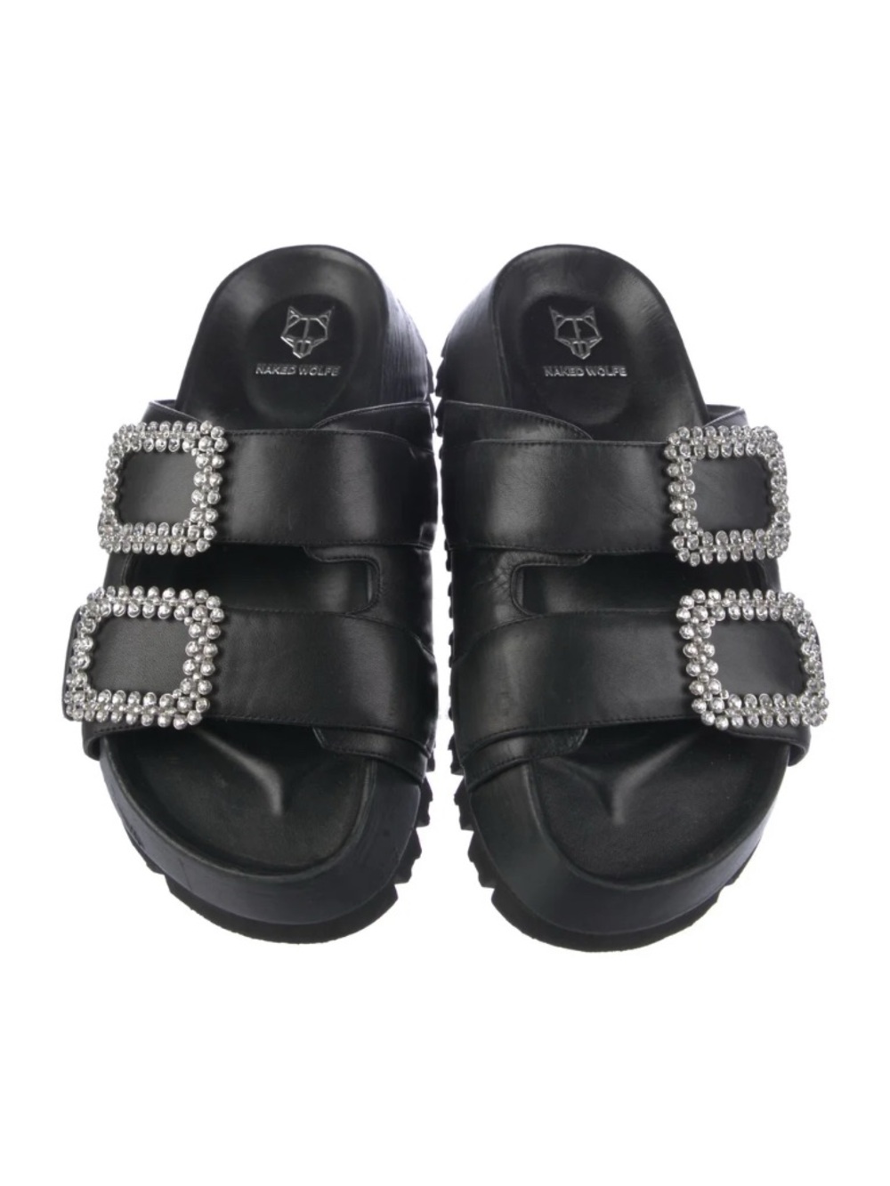 Naked Wolfe Victoria Leather Crystal Embellishments Slides Women's 10 Black